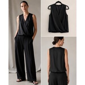 Peter Cohen Silk Wrap Top Womens Small Black Minimalist Sleeveless Deep V-Neck